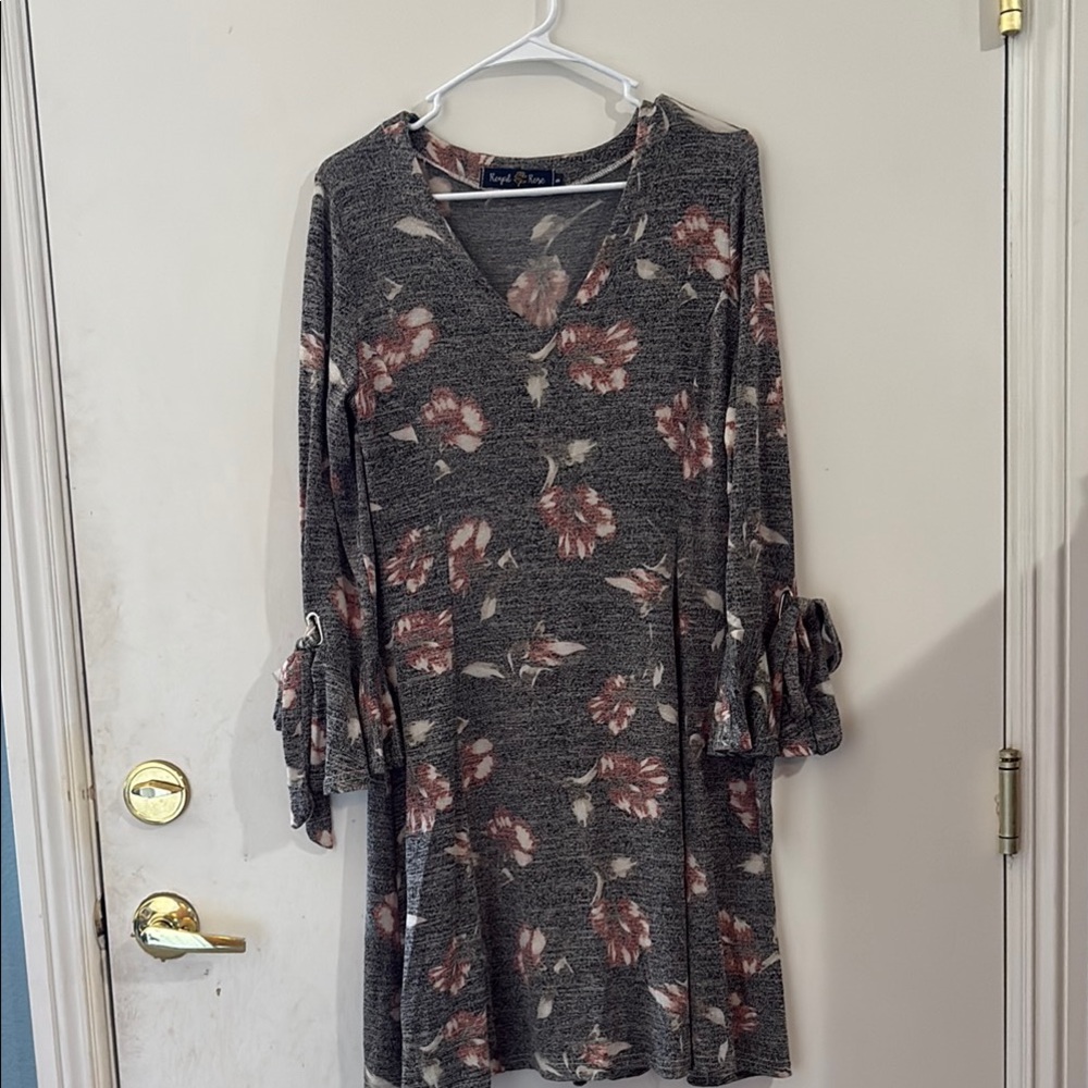 Gray Ruffled Tie Front A-line Dress with Bell Sleeves